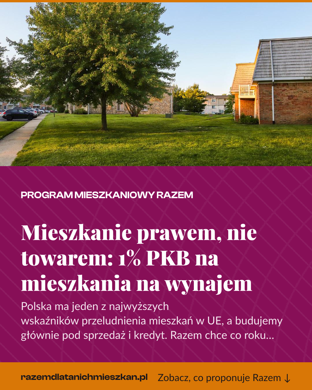 Grafika pionowa do udostępnienia: Mieszkanie prawem, nie towarem: 1% PKB na mieszkania na wynajem
