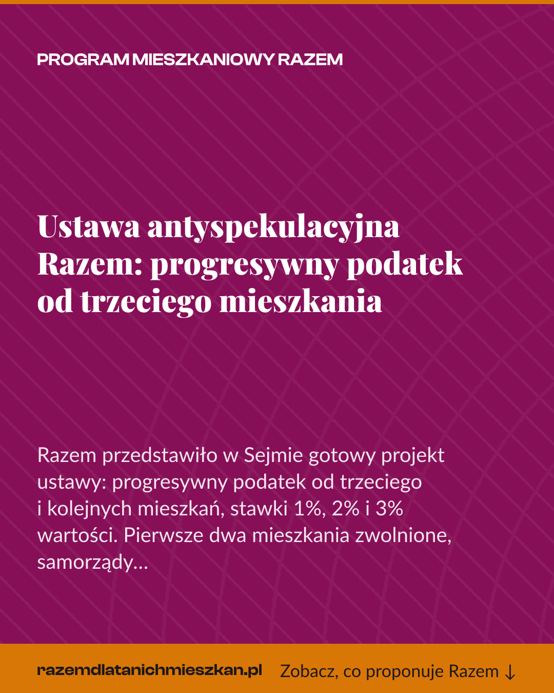 Grafika pionowa do udostępnienia: Ustawa antyspekulacyjna Razem: progresywny podatek od trzeciego mieszkania